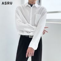 ASRV เสื้อเชิ้ตผู้ชายแขนยาวสไตล์ขี้เกียจลายทางสีเข้มออกแบบความรู้สึกเฉพาะเสื้อลำลองผู้ชาย