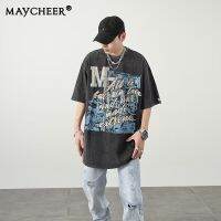 MAYCHEER   เสื้อยืดแบบหลวมคอกลมแขนสั้นย้อนยุคชายแนวสตรีทเทรนด์แฟชั่น