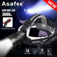 Asafee 3000LM 3608 XHP360 LED Super Bright Outdoor Headlight Retractable Zoom Use 3*18650 Battery 4 Gears Switch IPX4 Waterproof