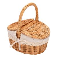 Handmade Wicker Basket with Handle, Wicker Camping Picnic Basket with Double Lids, Shopping Storage Hamper Basket with Cloth Lining