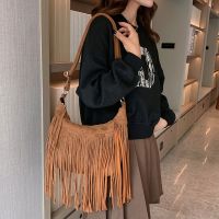 Womens Fringed Leather Shoulder Bag with Adjustable Knitting Strap Soft Ethnic Style PU Messenger Bag Solid Color New