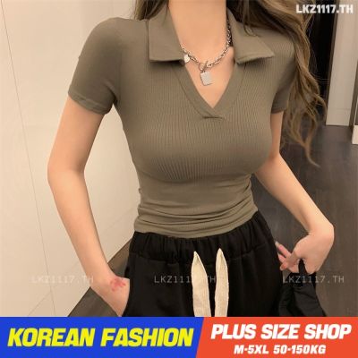Plus size เสื้อผ้าสาวอวบ❤ เสื้อยืดสาวอวบอ้วน ไซส์ใหญ่ ผู้หญิง เสื้อยืดรัดรูป แขนสั้น คอวี ฤดูร้อน สไตล์เกาหลีแฟชั่น V728