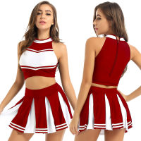 Women Jazz Stage Dance Costume Charming Cheerleader Stand Collar Sleeveless Crop Top with Mini Pleated Skirt Adults Dance Wear