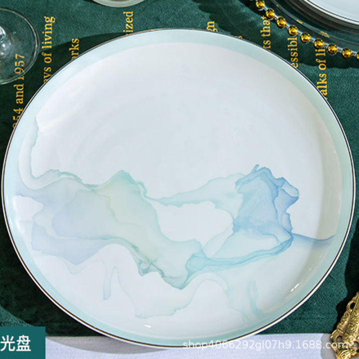 ชามจานกระเบื้องจีนบนโต๊ะอาหารชุดเครื่องเคลือบดินเผาจิงเต๋อเจิ้นของขวัญในครัวเรือนภาษาศาสตร์จานจีน