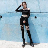 Girls Punk Gothic Pants Leggings Hollow Out Five-Pointed Star Trousers Women Clothing Summer Slim Women Pants