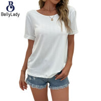 95% Polyester 5% Spandex Women Fashion 2023 Summer New Open Back Solid Color Short-sleeved Shirt【fast】