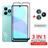 สำหรับ Realme C51 C53 C55 C35 C 51 C 53 Nfc Realme จริงฉัน C51 2023 3 In 1ป้องกันหน้าจอ9D ขอบสีดำกระจกนิรภัยใสคลุมทั้งหมดฟิล์มกันรอยด้านหน้าหลัง Hydrogel เลนส์กล้องถ่ายรูปฟิล์มป้องกัน