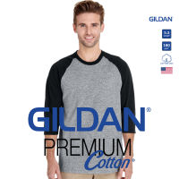 GILDAN® เสื้อยืดไหล่สโลป แขนสามส่วน - ตัวเทาอ่อน แขนดำ