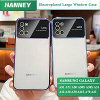 HANNEY สำหรับ Samsung Galaxy A51 A71 A50 A50S A30S A31 A12 A20 A30 A21S A70 A22 4G 5G หน้าต่างขนาดใหญ่ ในตัวเคสโทรศัพท์เลนส์เต็มรูปแบบป้องกันด้วยไฟฟ้าเคสใสใสใส TPU นุ่มกันกระแทกฝาครอบด้านหลังเคลือบด้วยไฟฟ้า MM-07