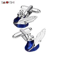 SAVOYSHI Retro Europe Blue Ink tank Cufflinks for Mens Business Shirts Gift High quality Feather Cuff links Free engraving Name