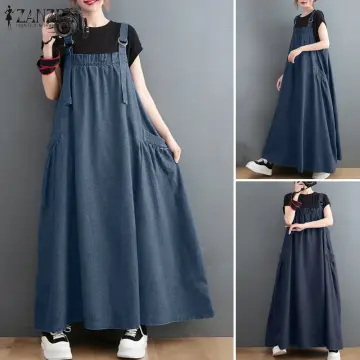 Plus Size Womens Sleeveless Long Dress Dungaree Cotton Linen Casual  Oversized Pinafore Overall Dresses