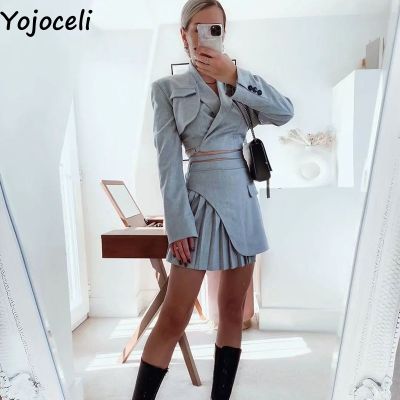 【LZ】☋▩  Yojoceli conjunto de saia feminina plissada sexy outono elegante urbana casual blazer moças renda up gola virada blazer