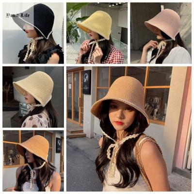 YONIT Topi Bucket แฟชั่นถักหมวกไวเซอร์แถบลูกไม้กันแดด,หมวกบังแดดปีกแบนสำหรับผู้หญิงหมวกชาวประมง