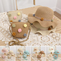 [hot]Kids Girls Large Wide Brim Straw Woven Sunshade Beach Hat Colorful Pompom Ball Summer Floppy Sun Cap Handbag for Girls Baby