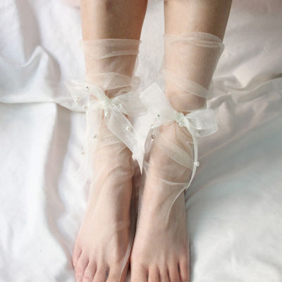 THERYE ถุงเท้าตาข่ายผ้าชีฟองสำหรับผู้หญิงบางพิเศษสำหรับฤดูใบไม้ผลิเชือกผูกโบว์ถุงเท้าผ้าโปร่ง
