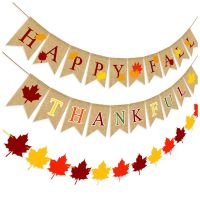 1Set Happy Fall Banner Thankful Banner Give Thanks Banner and Felt Fall Leaves Garland Banner for Fall Thanksgiving Decors