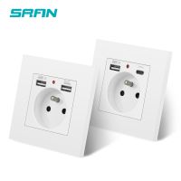 Steker Soket Daya Dinding Perancis dengan Lampu Indikator Soket dengan Port USB 5V 21 A Panel PC Tahan Api 86x86Mm SRAN Prancis