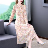 [COD] French long-sleeved V-neck chiffon printed dress womens spring 2023 new waist mid-length temperament plus-size