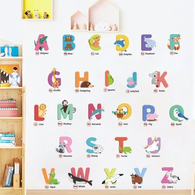 Kids Alphabet Print Wall Sticker  26 Letter Animal Pattern  Background Wall Decoration And Beautification