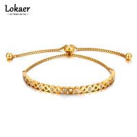 【Preflow ornament】Lokaer สร้อยข้อมือไทเทเนียมพลอยเทียมกลมสำหรับผู้หญิงปรับขนาดได้กำไลข้อมือ B21101