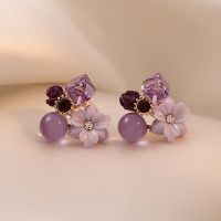 Noble Purple Crystal Flower Stud Earrings For Woman 2022 Korean Fashion Jewelry Wedding Party Girl 39;s Elegance Set Accessories