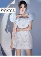 RYRYSTYLE 3D แขนพองสีขาวสำหรับฤดูร้อนเดรสเอวสูงดอกไม้ตัวเล็ก1340