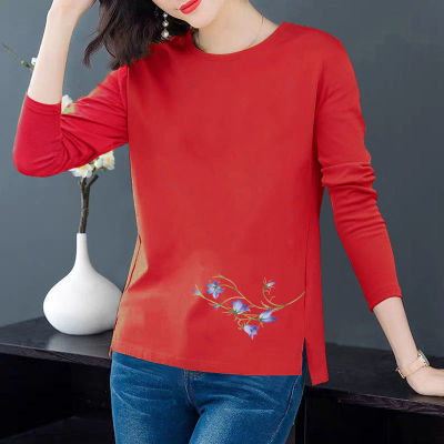 เสื้อยืดแขนยาวพิมพ์ลายสีทึบสำหรับผู้หญิงเสื้อยืดหลวมเกาหลีขนาดใหญ่เสื้อยืดพิมพ์ลายเสื้อเรียบง่ายฐาน