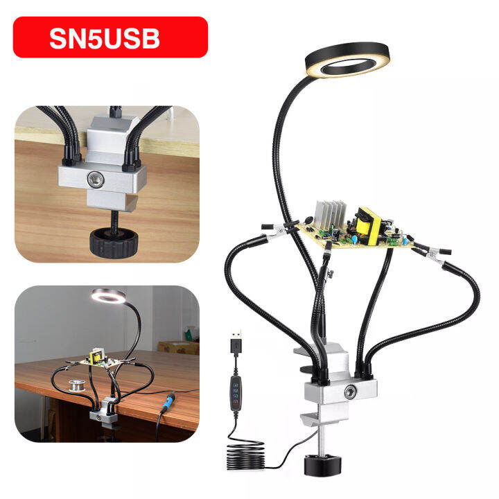 newacalox-led-3x-magnifier-bench-vise-table-clamp-soldering-helping-hand-soldering-station-usb-5pc-flexible-arms-third-hand-tool