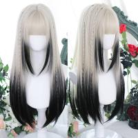 【jw】☑ HOUYAN synthetic long straight hair womens wig silver gradient gray cosplay lolita bangs party