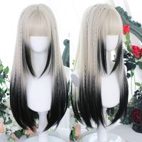 HOUYAN synthetic long straight hair womens wig silver gradient gray wig cosplay lolita bangs wig party wig