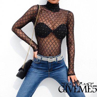 .GI-Women New Black Sheer Mesh Lace Jumpsuit Long Sleeve Top Turtleneck