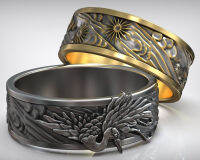 7G สีเทา Heron Ardea Cinerea Crane Bird Asian East Wedding Band 925 Solid Sterling Silver Rings