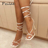 Pzilae Summer women sandals narrow band vintage square toe high heels cross strap thong sandals women V shape design shoes women