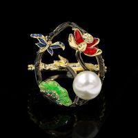 Classic 925 Silver Elegant Enamel Pearl Ring Butterfly Flower Ladies Ring Birthday Gift Luxury Party Jewelry