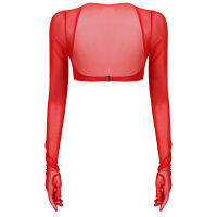 Women Aldult Sexy Summer See-through Mesh Gloves Tops Sun Protection Long Sleeve Open Front Buckle Crop Top Clubwear