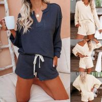 Two Piece Outfits for Women Drawstring Design Pocket Decor High Waist Solid Shorts +V-Neck Long Sleeve Casual Pullovers Tops New