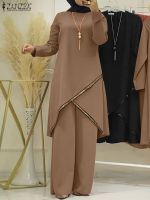 Autumn Muslim Sets Long Sleeve O-Neck turkish Blouse Wide Leg Pant Suit ZANZEA Casual Solid Women Matching Set Ladies Outfits