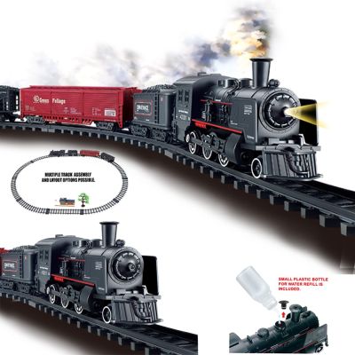 ทางรถไฟทำงานด้วยแบตเตอรี่ชุดของเล่นรถจักรไอน้ำรถไฟขนส่งแบบคลาสสิกชุดของเล่นรถไฟของเล่นไฟฟ้าจำลองควัน