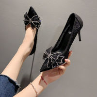 OBZ982 Rhinestone Bow รองเท้าส้นสูงของผู้หญิง Stiletto ส้น2021ฤดูร้อนใหม่ลูกไม้ชี้คริสตัลเดี่ยวรองเท้ารองเท้าแต่งงานตาข่าย