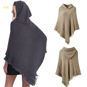 Hooded Shawl Wrap Knit Women Fringe Knitted Poncho Cardigan Cape Sweater  White