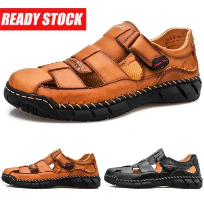 Mens Shoes Sandals Slippers Leather Dual-Use Breathable Adjustable Beach Outdoor Walking Wading Hiking 6SXQ