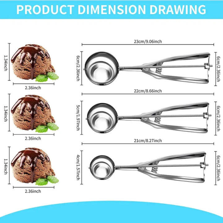 ตักไอศครีม456เซนติเมตรสแตนเลสบดมันฝรั่งแตงโมตักฤดูใบไม้ผลิจับไอศครีมบอลตักครัวทำอาหารเครื่องมือ