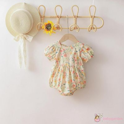 Babygarden- ชุดจั๊มสูทรอมเปอร์คอสี่เหลี่ยมแขนสั้นพิมพ์ลายดอกไม้สําหรับเด็กผู้หญิง 0-24 เดือน, สีขาว / แอปริคอท