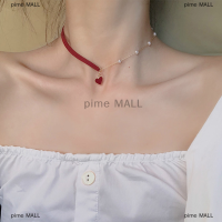 pime MALL แฟชั่นผู้หญิง Pearl asymmetry chokers สร้อยคอสีแดงหัวใจเสน่ห์เครื่องประดับของขวัญ