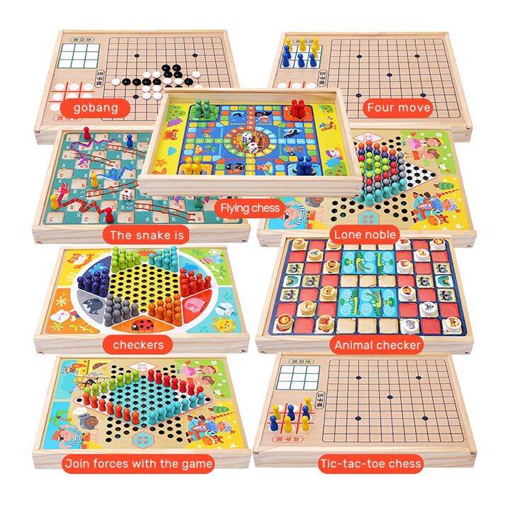 Board Game Chess Set 9in1 Portable Wooden Flying Chess Checkers Catapult Snakes And Ladders