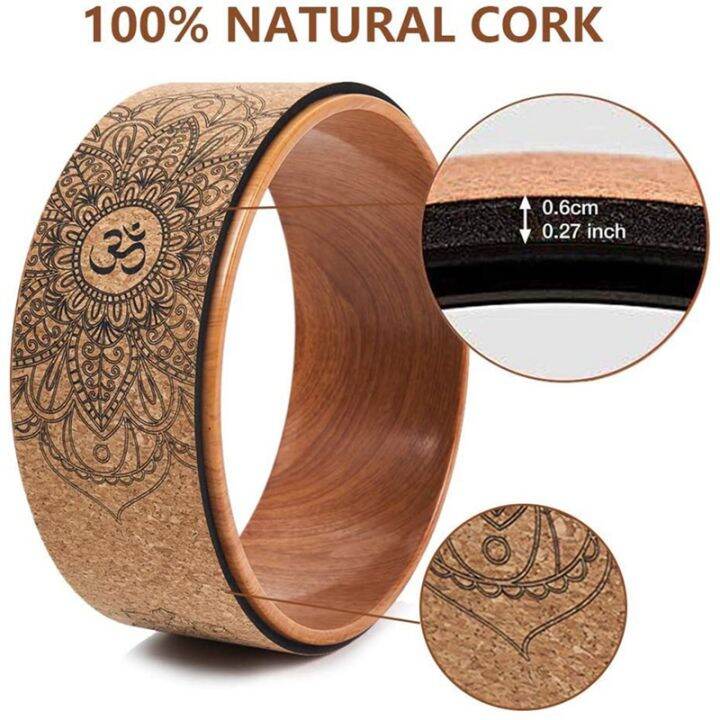 cork-yoga-wheel-for-yoga-poses-and-backbends-inversions-wood-effect-and-mandala-print-dharma-yoga-prop-wheel