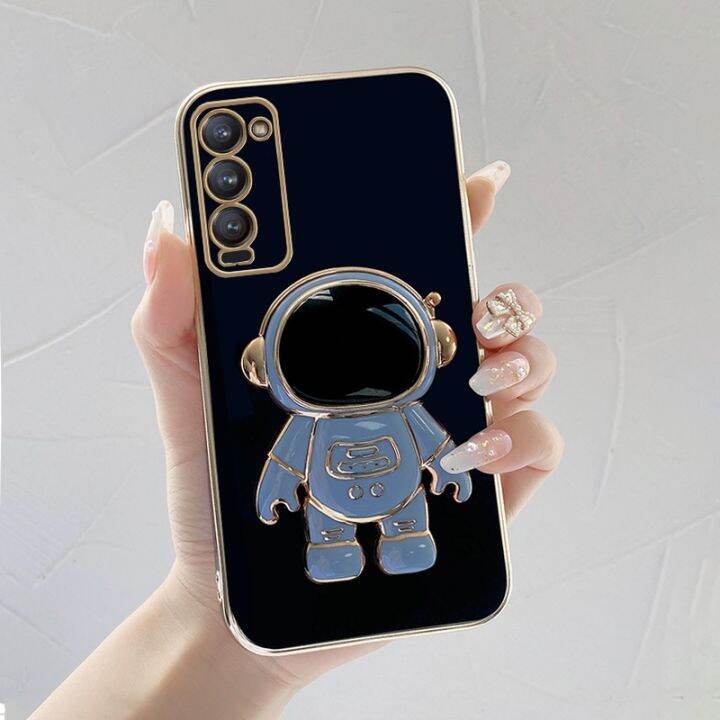 เคสโทรศัพท-เคสtecno-camon-18-นักบินอวกาศขาตั้งแบบพับได้แฟชั่นสีทึบหรูหราชุบโครเมียมนุ่ม-tpu-เคสโทรศัพท์สแควร์คลุมทั้งหมดเคสป้องกันกล้อง