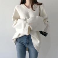 HOT★sweater woman autumn/winter loose knitting V-neck Solid color korean style flare sleeve womans sweater dropshipping GXYZ01