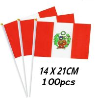 ZXZ 100pcs Peru hand Flag 14*21cm Polyester Double Side Printing PE Peru Hand Flag with plastic flagpole