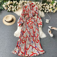 Neploe Vintage Bohemian Holiday Long Dress Women High Waist Hip A Line Draped Vestidos O Neck Pullover Long Sleeve Print Robe